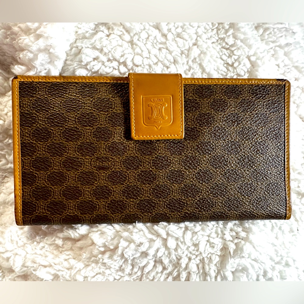 Celine Macadam Pattern Leather Long Wallet Brown … - image 1
